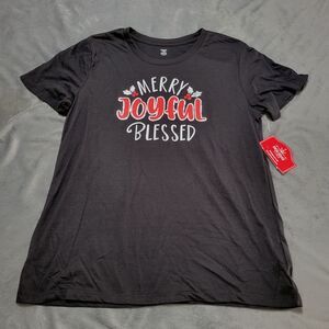 Merry Joyful Blessed Women Large Shirt Black Short Sleeve Scoop Neck Comfort New